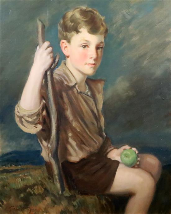 Louis Ginnett (1875-1946) Portrait of a boy holding an apple 29.5 x 24.5in.